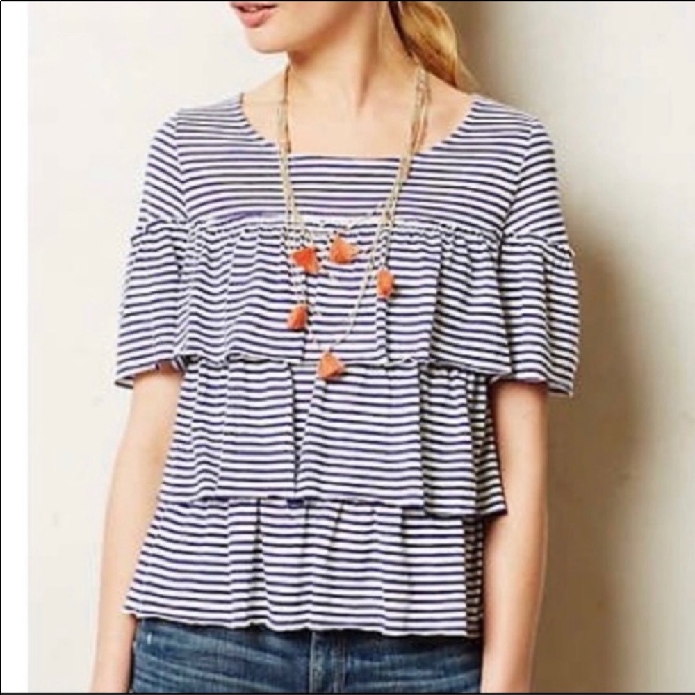 Anthro Postmark Ruffled Striped Tee - image 1